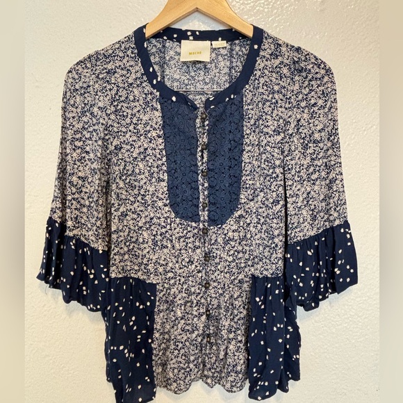 Anthropology Maeve Blue Hiver 3/4th Bell Sleeve Button Lace Front Blouse 2 - Picture 9 of 10